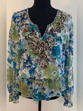 Mushka by Sienna Rose Beaded V-Neck Blue & Green Floral Printed Women's Blouse M